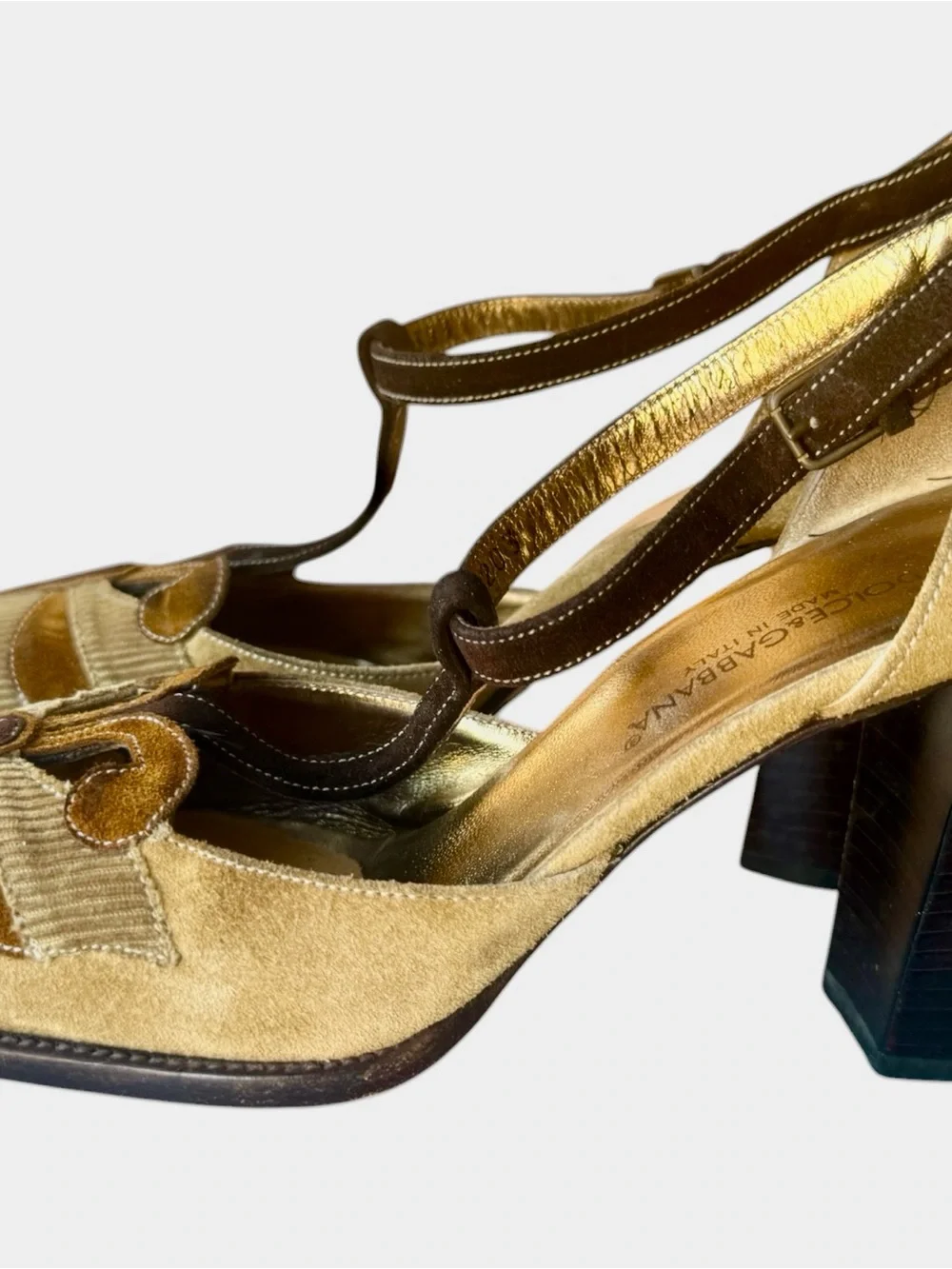 Vintage 90’s Dolce & Gabbana Suede/ Cord T-Strap Butterfly Block Heel Pumps 38.5